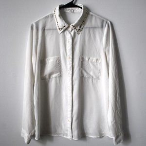 Women's White Studded Dress Shirt M